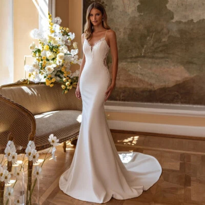 Spaghetti Strap Mermaid Wedding Dresses Sexy Backless Applique Satin Bridal Gown - Image 1 of 4