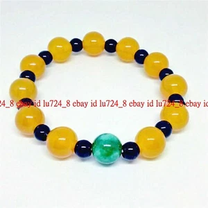 6mm Black Agate 10mm Yellow Topaz Green Jadeite Gems Round Beads Bracelet 7.5" - Picture 1 of 12