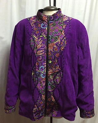 Koos of Course Sweater Coat Women's 2 Purple Silk Black Floral Zip Long Sleeves - Image 1 of 4