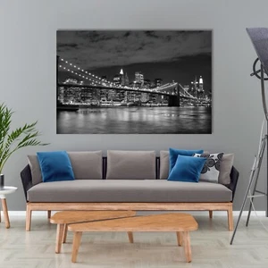 Manhattan Skyline Canvas Wall Art, Brooklyn Bridge Black and White Poster Print, - Picture 1 of 5