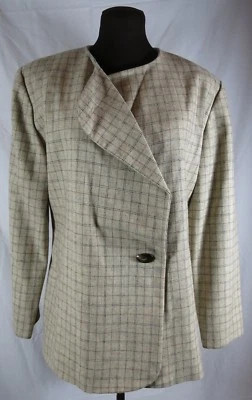 Brown Plaid Blazer Jacket Beige Gray Checker Button Wide Lapel Handmade - Image 1 of 4