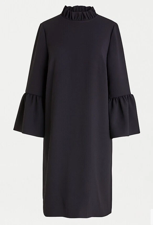 J.Crew Size 24 Black Ruffle Neck 365 Crepe Bell Sleeve Shift Dress‎ AK212