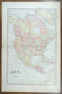 Mapa vintage 1902 NORTEAMÉRICA 14"x22" antiguo antiguo original CANADÁ MÉXICO EE. UU.  Foto 1 de 4