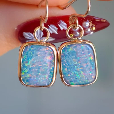14K Rose Gold Australian Opal Doublet Earrings, Shepherd's Hook Earrings - Image 1 of 4