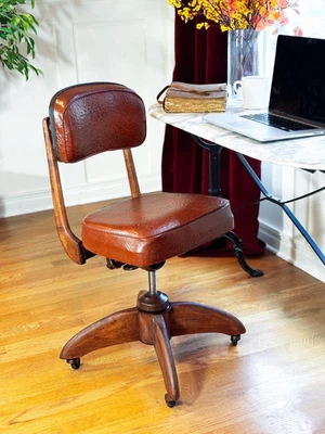 Gunlocke Vintage Leather and Wood Office Swivel Chair - Image 1 of 4