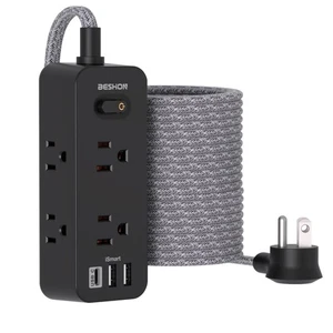 BESHON 25ft Power Strip Surge Protector 6 Outlets 3 USB, 1 USB-C, 3-Sided, Black - Picture 1 of 7