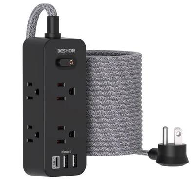 BESHON 25ft Power Strip Surge Protector 6 Outlets 3 USB, 1 USB-C, 3-Sided, Black - Image 1 of 4