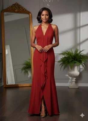 Carmen Marc Valvo красный с бретелью через шею труба мяч платье 8 официальный вечеринки праздник разрез - Изображение 1 из 4