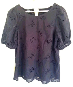 Talbots Top M Black Butterfly Eyelet Puff Sleeve Round Neck Cropped Lined Cotton - Picture 1 of 12