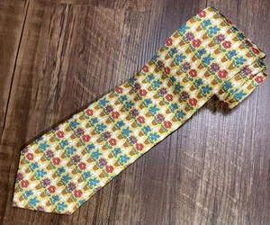 Vintage Lands End Tie Yellow Floral 100% Silk Made In USA 55.5” - Picture 1 of 7