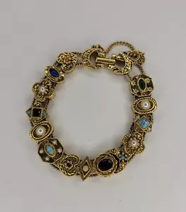 Vintage Signed Goldette NY Multiple Gemstones Safety Chain Slide Charm Bracelet - Picture 1 of 14