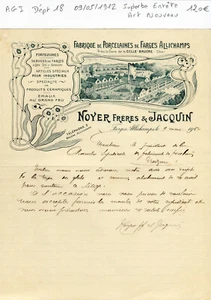 Dépt 18 Farges Allichamps - Superbe Entête Art Nouveau Fabrique Porcelaines 1912 - Picture 1 of 1
