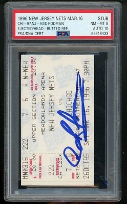 Boleto firmado HEAD BUTT REF Bulls Nets Dennis Rodman PSA 10 16 de marzo de 1996 AUTO Foto 1 de 2