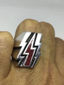 Vintage Silver Bronze Southwestern Red Coral Inlay Lightning Bolt Ring Size 9.25 - Picture 1 of 7