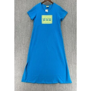 Done Down Under Womens Maxi Dress M Blue Pullover Short Sleeve Flowers Ribbed - Picture 1 of 11