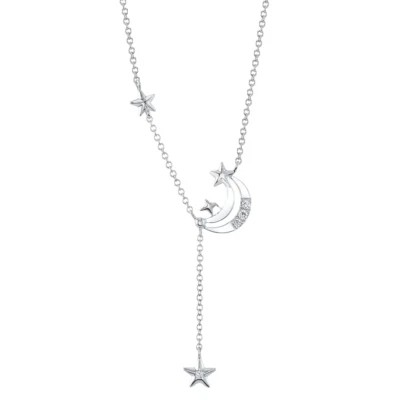 14K White Gold Diamond Crescent Moon Star Lariat Necklace Natural 0.06 CT - Image 1 of 4