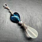 Beaded Zipper Pull Charm With Dark Aqua Blue Heart & Teardrop Czech Glass Beads
