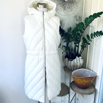 NUEVO CON ETIQUETAS $129 Calvin Klein Abrigo sin mangas con capucha crema/largo oeste talla L Foto 1 de 4