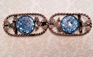 Antique Art Nouveau Rope Trim floral & Blue Glass Round Stone Belt Buckle - Picture 1 of 10