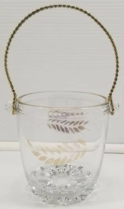 I) Gold Tone Glass Ice Bucket with Gold Braided Rope Handle Floral Leaf Design - Picture 1 of 8