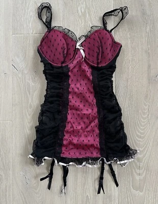 Victoria's Secret Womens Black Pink Lace Corset Bustier Babydoll Fairy Goth 34D - Image 1 of 4