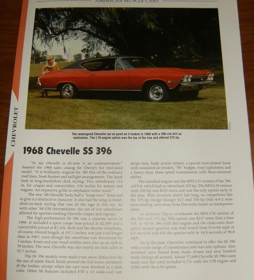 1968 CHEVY CHEVELLE SS 396 SPECS INFO PHOTO 68 SS396  - Image 1 of 1
