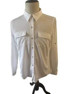 Calvin Klein Women’s White Blouse Sz Large Tab Sleeves Button Front Semi Sheer - Picture 1 of 9