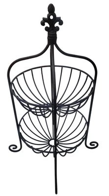 Vintage Black Wrought Iron 2-Tier Fruit Basket Stand – Decorative Metal Storage - Image 1 of 4