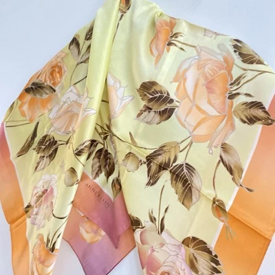 Anne Klein Square Silk Scarf Garden Rose Peach Green Elegant Feminine Pretty - Image 1 of 4