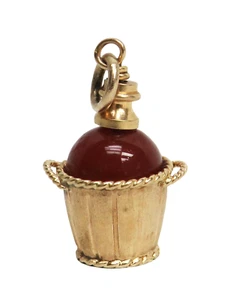 18k Yellow Gold Bucket With Red Stone Bottle Inside Charm - Picture 1 of 4