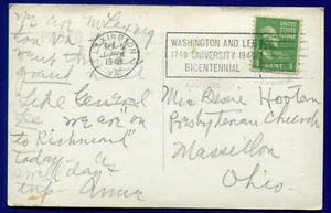 Washington & Lee University Bicentennial 1949 cancel photo postcard - Picture 1 of 2
