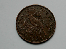 New Zealand 1952 ONE PENNY (1d) Coin with Tui Bird & King George VI