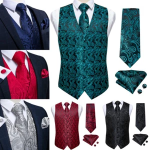 Mens Formal Business Waistcoat Paisley Floral Suit Vest Slim Tuxedo Silk Tie Set - Picture 1 of 51