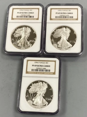 3 NGC PF69 ULTRA CAMEO US 1ozt Pf silver Eagle $1 1994-P 1995-P 1996-P L23462 - Image 1 of 4