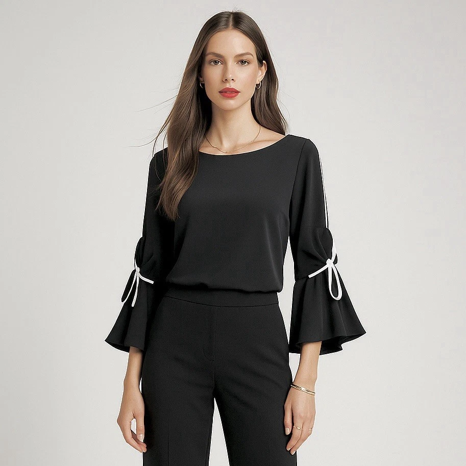 Joseph Ribkoff Top US 12 Black Boat Neck Bow Bell Sleeve Stretch Business Casual - Image 1 of 4