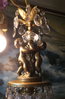 Vintage crystal prism Cherub hanging SWAG Lamp Chandelier brass spelter - Image 1 of 4