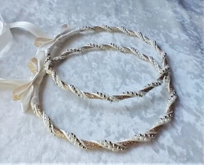 Greek Stefana Orthodox Wedding Crown Set in Ivory with Gold Shimmer Ribbon - Image 1 of 3