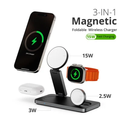 Wireless Charger Charging Station 3In1 For Apple Watch Air Pods iPhone 14 13 12 - Image 1 of 4