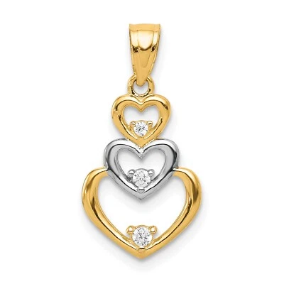 10k or Jaune Zircon Cubique Différencié Triple Pendentif Coeur Deux Ton Breloque - Photo 1/3