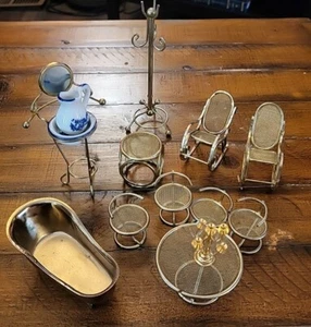 Vintage Brass Dollhouse Miniature Furniture Set Table Rocking Chair Bathtub Lot - Picture 1 of 6