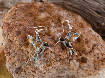 Hummingbird Sterling Silver 925 Multi Gemstone & Opal Tiger's Eye Earrings T73 - Image 1 of 4