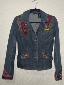 DKNY Jeans Jacket Womens Medium Blue Denim Embroidered Button Up Shabby Chic VTG - Picture 1 of 6