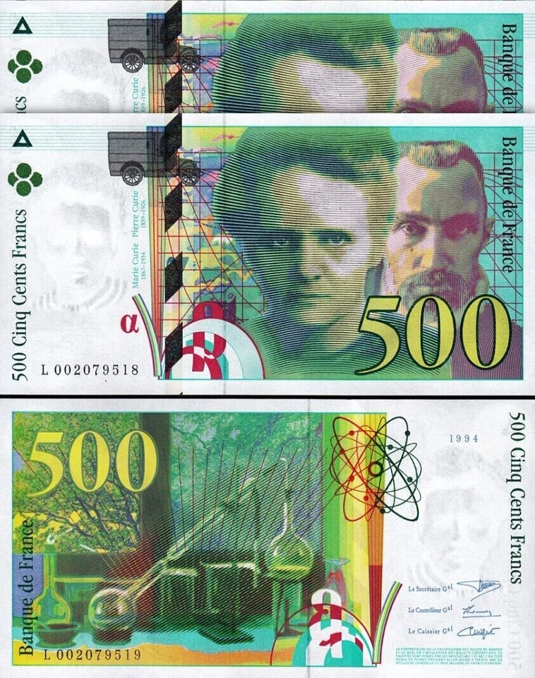 France 500 Francs 1994, UNC, 2 Pcs PAIR, Consecutive, P-160a, Prefix L 00 - Image 1 of 4