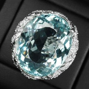 Estate Arctic Blue Aquamarine 27.15Ct 925 Sterling Silver Handmade Ring Size 6.5 - Picture 1 of 9