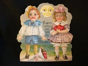 Vintage Man in Moon & Victorian Children Valentine Card c. Early 1900s Germany - Imagen 1 de 5