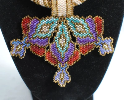 Seed Beaded Artist Design Multicolored Pendant Choker White & Gold Beaded Chain - Image 1 of 4