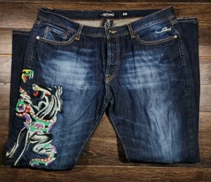 Mens Sz 38X 34 Ed Hardy Jeans dark blue distressed denim black panther  - Picture 1 of 5