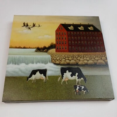 8x8" Cows, Geese & Waterfall on a Large Estate Print Wall Art Picture on Wood - Image 1 of 4