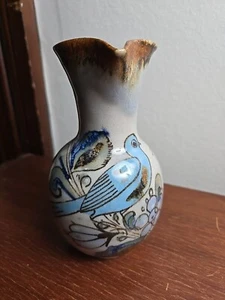 Signed Ken Edwards Tonala Pottery Pitcher 5 1/2" Blue Dove And Butterflies - Picture 1 of 13