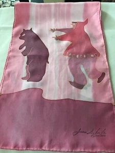 Pink Silk Foulard Canadian Arctic Scene Man & Bear signed Josee Sylvestre Quebec - Picture 1 of 4